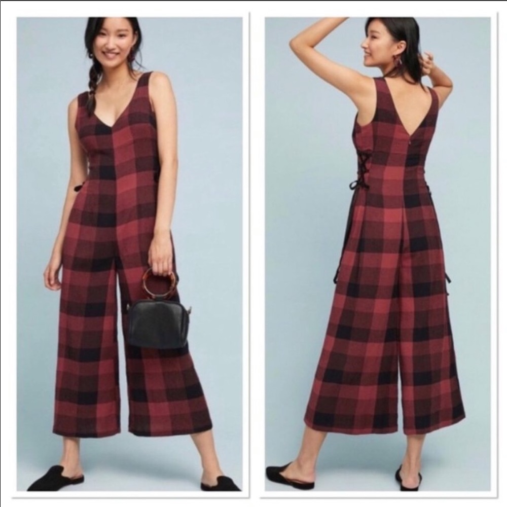 Anthropologie red and black plaid jumpsuit